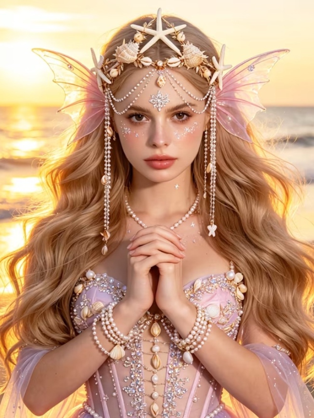 Seashell Pearl Draped Tiara - White & Gold Mermaid Headpiece - Picture 2 of 5